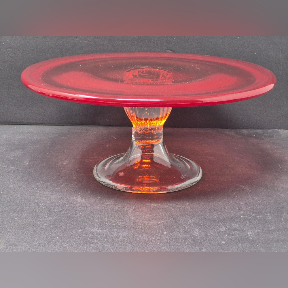 Red Glass Cake Plate With Clear Glass Base